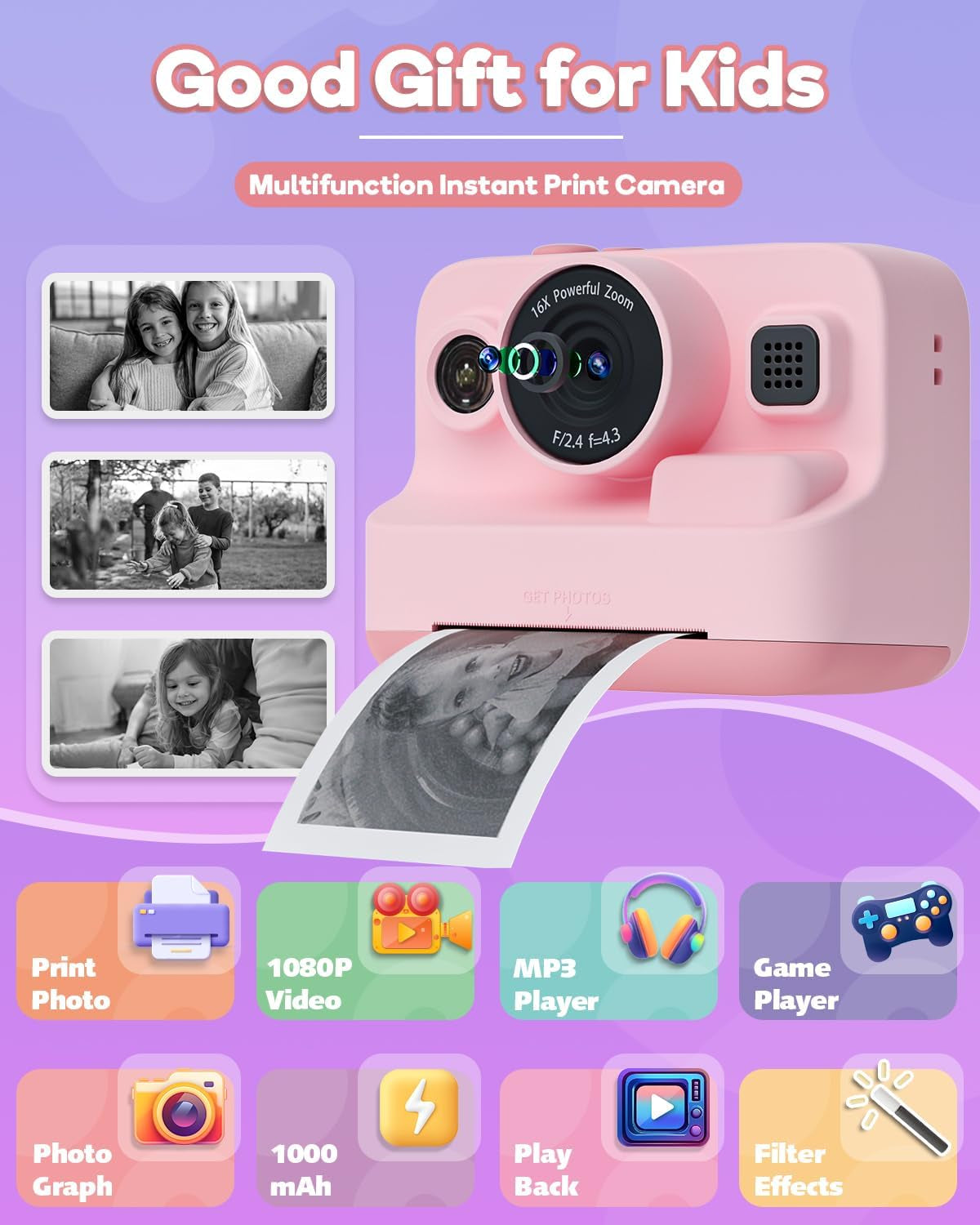 Kids Camera Instant Print,1080P Kids Instant Cameras That Print Photos,Christmas Birthday Gifts for Girls Age 3-12,Portable Toy for 3 4 5 6 7 8 9 10 Year Old Girls Boys Pink