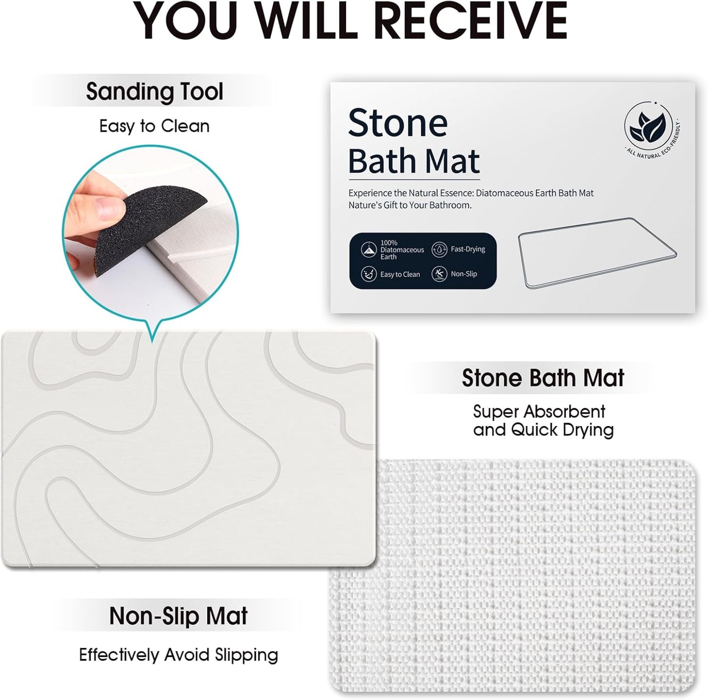 Stone Bath Mat Diatomaceous Earth Shower Mat Stone Super Absorbent Diatomite Stone Bath Mats for Bathroom Quick-Drying Non-Slip Barhroom Floor Mat, Easy to Clean (24 * 16'')