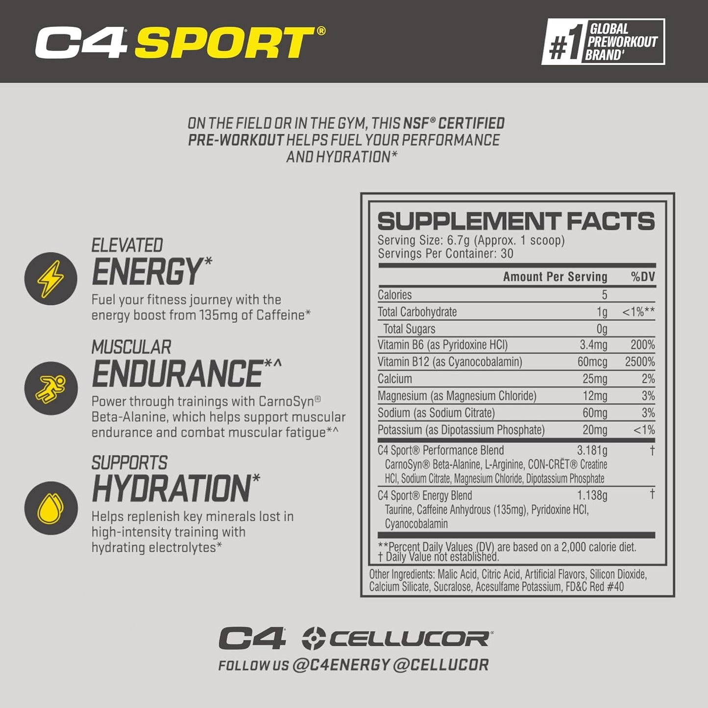 C4 Sport Pre Workout Powder Watermelon - Pre Workout Energy with Creatine + 135Mg Caffeine and Beta-Alanine Performance Blend - NSF Certified for Sport 30 Servings