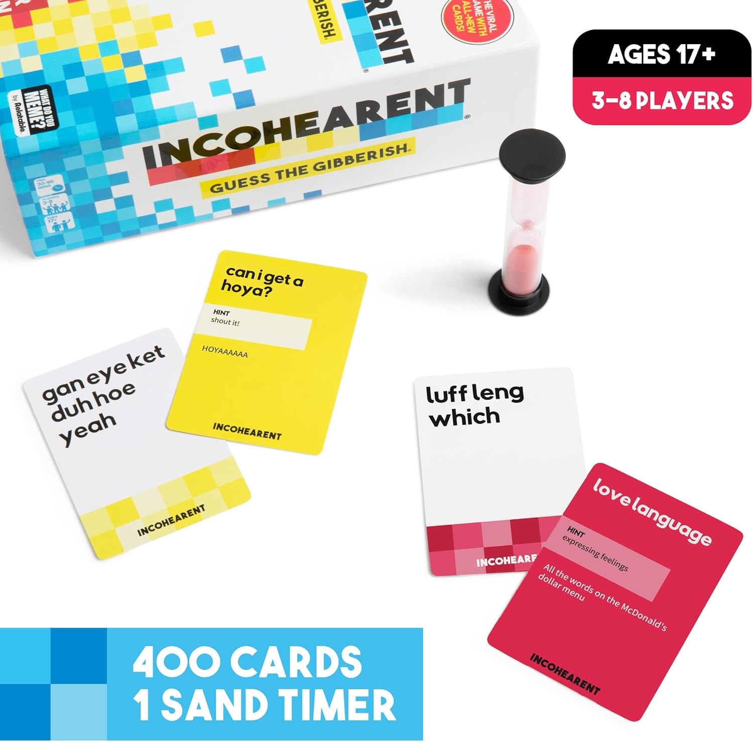 Incohearent, the Guess the Gibberish Party Game by Relatable, a Funny Card Game for Adults, Great for Christmas Party Games and Hanukkah Gifts, Includes 400 Cards, Instructions, and 1 Sand Timer