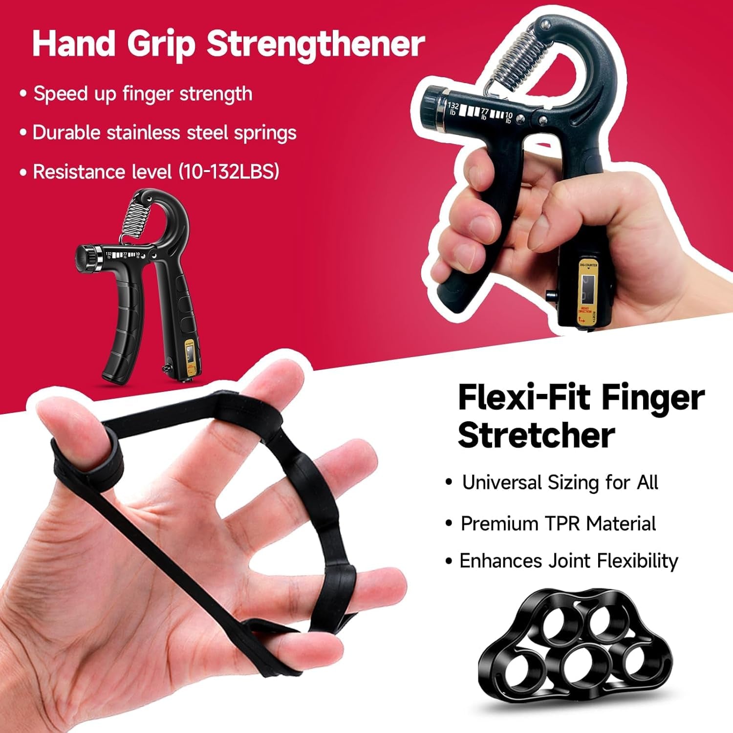 Hand Grip Strengthener Workout Kit (5 Pack), 2 Forearm Grip Adjustable Resistance Hand Gripper, Finger Stretcher, Grip Ring & Stress Relief Grip Ball for Athletes