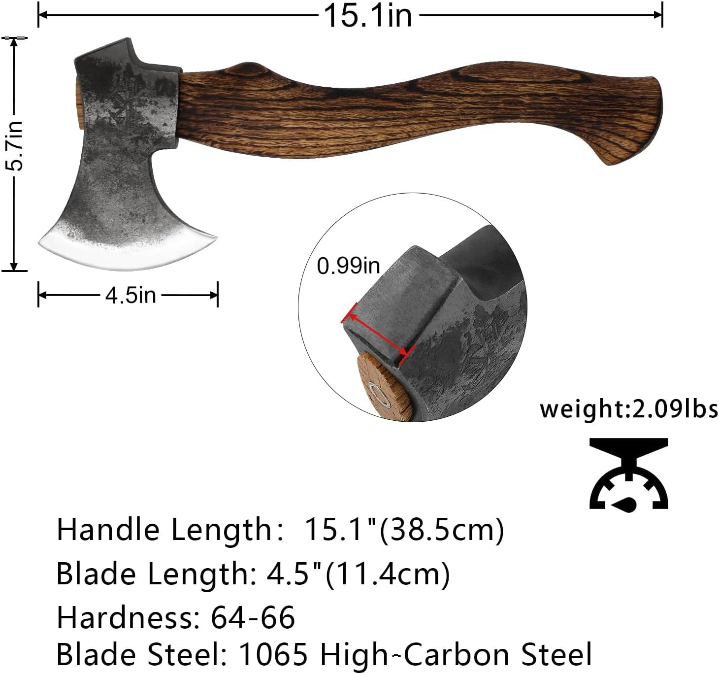 15.1'' Hatchet, Camping Axe with 1065 Carbon Steel and Beech Handle, Hand Forged Bushcraft Axe with Leather Sheath for Camping and Survival