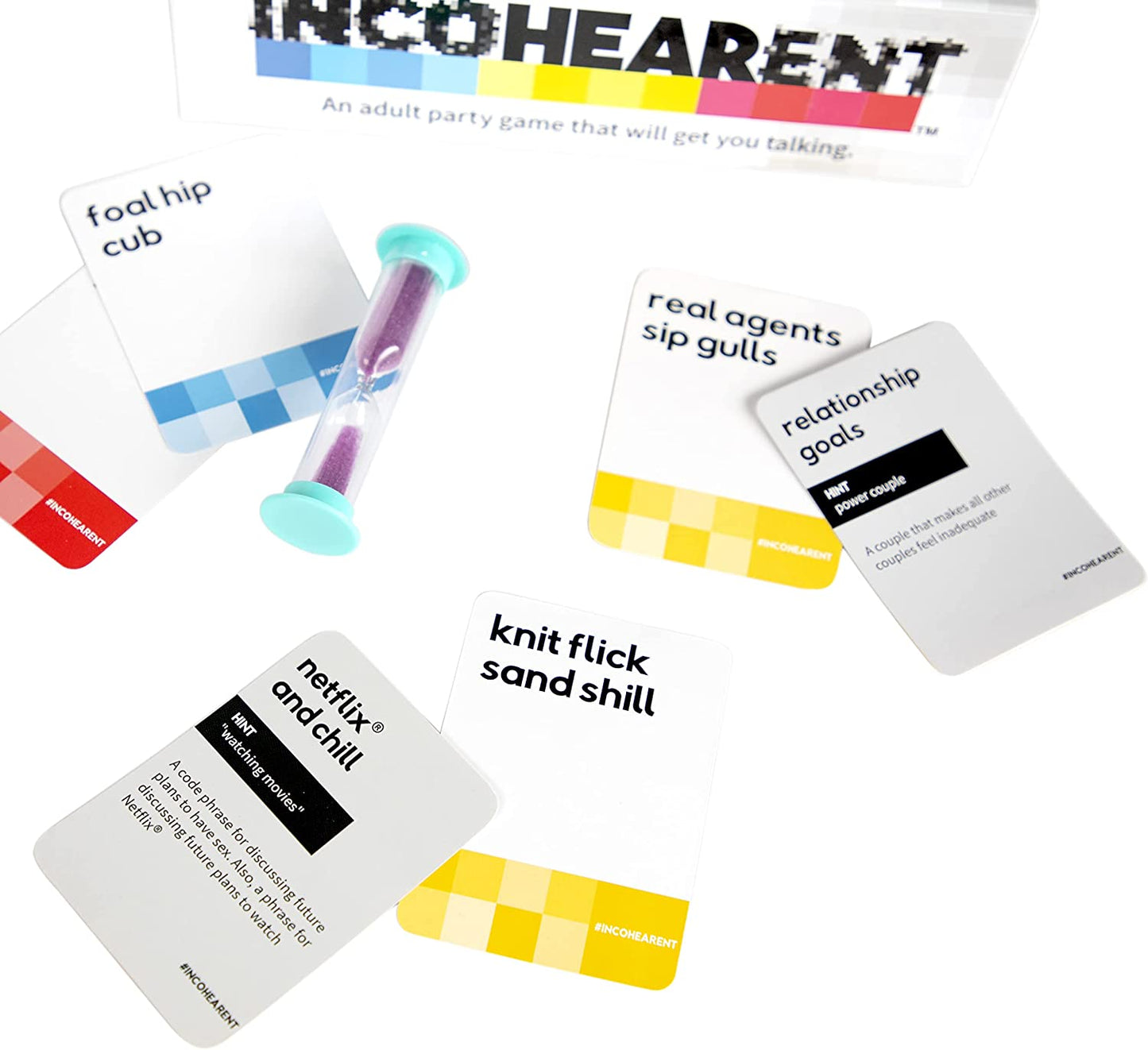 Incohearent, the Guess the Gibberish Party Game by Relatable, a Funny Card Game for Adults, Great for Christmas Party Games and Hanukkah Gifts, Includes 400 Cards, Instructions, and 1 Sand Timer