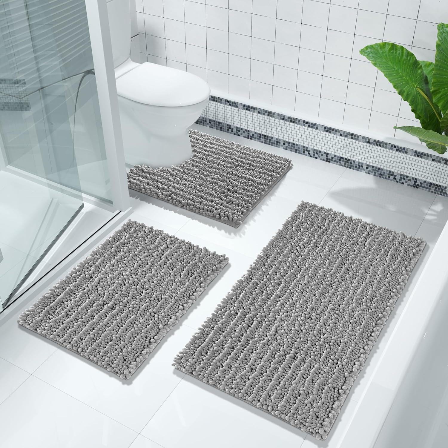 Bathroom Rug Mat 24 X 17, Extra Soft Non Slip Absorbent Water Bath Rug, Quick Dry Machine Washable Chenille Shaggy Shower Mat, Bath Mat for Bathroom Floor, Home Decor Accessories, Grey