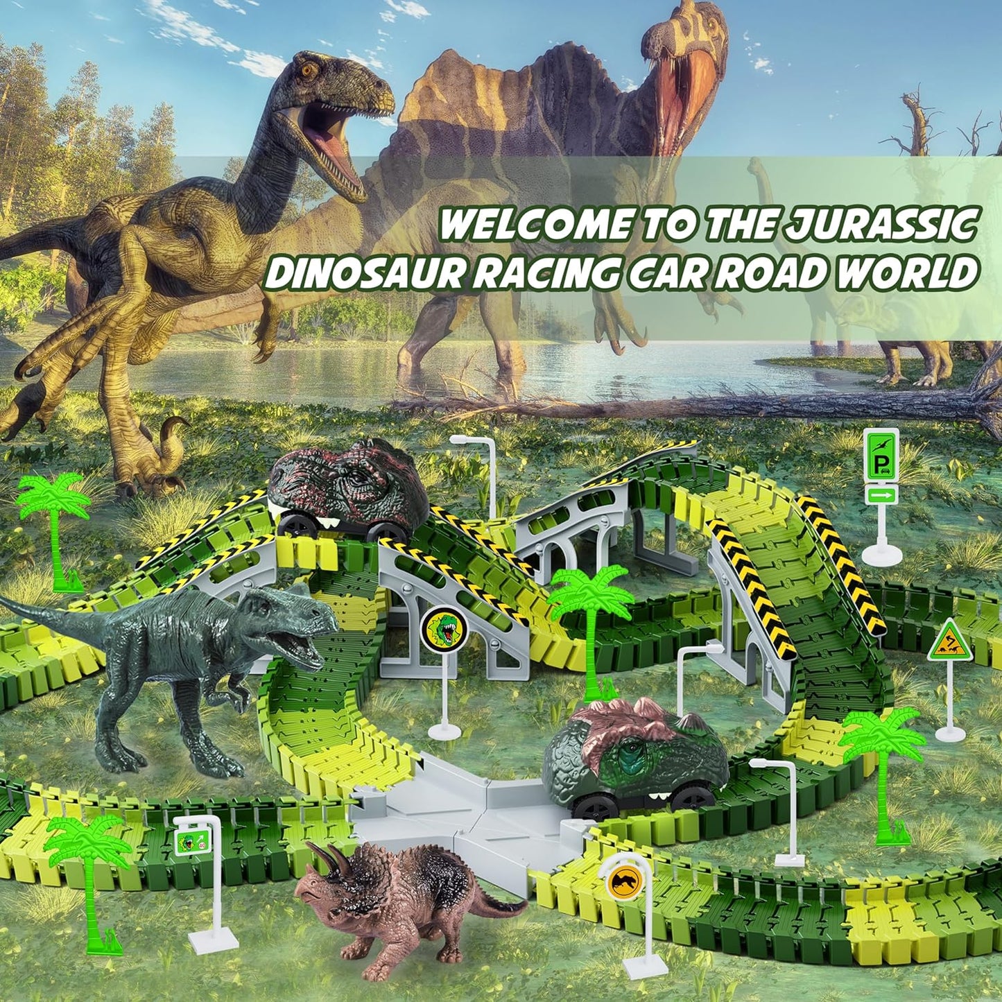 Dinosaur Toys, 252 PCS Create a Dinosaur World Road Race Tracks, Flexible Track Playset, 2Pcs Dinosaur Car for 3 4 5 6 Year Old Boys Girls Birthday Party Favor Gift