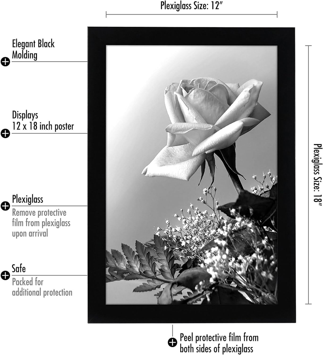 12X18 Poster Frame with Polished Plexiglass - Black Picture Frame with Engineered Wood - Epic Collection - Wide Photo Frame for Wall Display