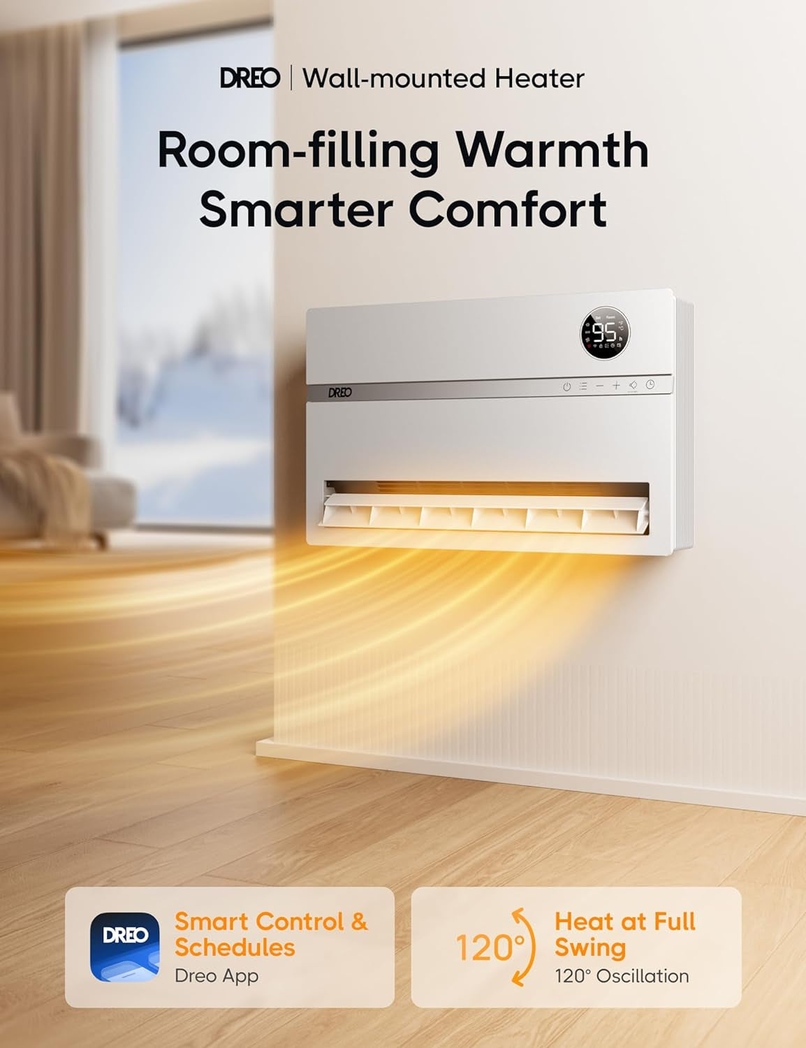 Smart Wall Heater, Electric Space Heater for Bedroom 1500W, 120° Vertical Oscillation, Adjustable Thermostat, Remote Control, 24H Timer, Easy-Mount Heater for Indoor Use, Works with Alexa, WH719S