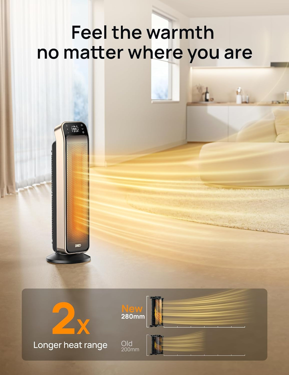 Space Heater for Indoor Use, 25" 11.5Ft/S Fast Electric Heater with Remote and Thermostat, 3 Modes, Overheating & Tip-Over Protection, Portable Heater for Large Room, Bedroom, Office, Gold