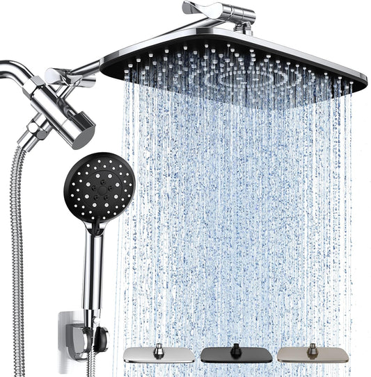 High Pressure Rain Shower Head Combo with Extension Arm- Wide Showerhead with Handheld Water Spray - Adjustable Dual Showerhead with Anti-Clog Nozzles - Silver Chrome