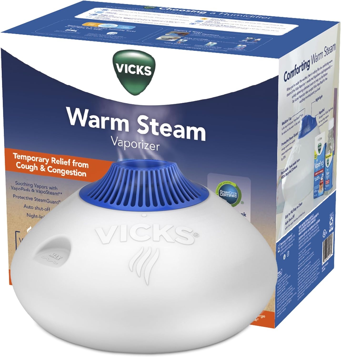 Warm Steam Vaporizer, Small to Medium Rooms, 1.5 Gallon Tank – Warm Mist Humidifier for Baby and Kids Rooms with Night Light, Works with  Vapopads and Vaposteam