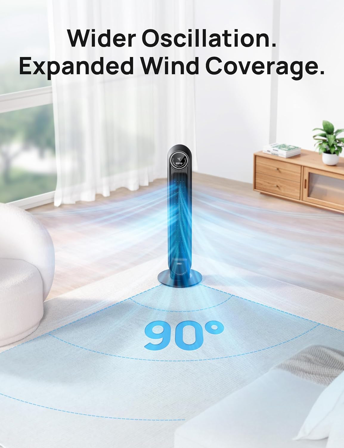 Tower Fan for Bedroom, 25Ft/S Velocity Quiet Floor Fan, 90° Oscillating Fans for Indoors with 4 Speeds, 4 Modes, 8H Timer, Standing Fans, Bladeless Fan, Black, Nomad One (DR-HTF007)