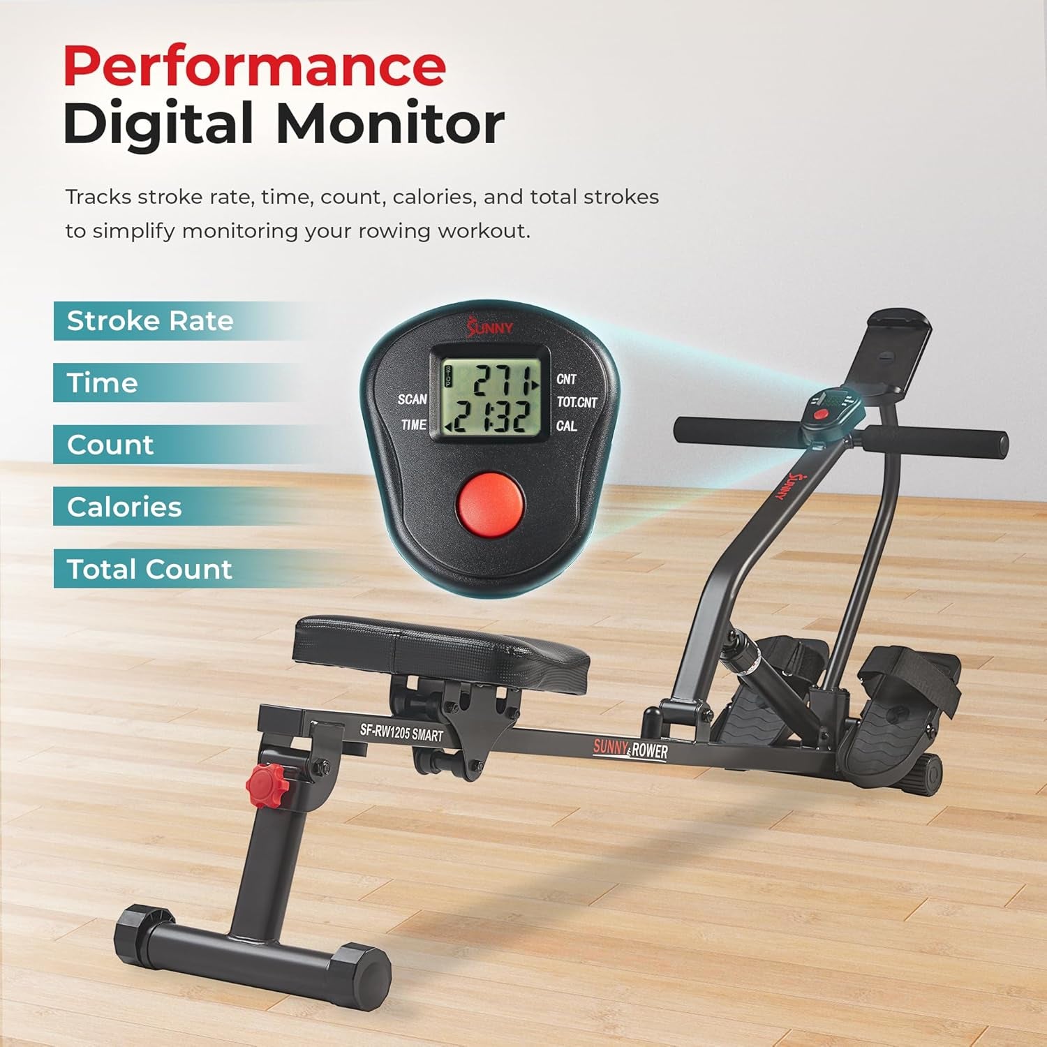 Compact Adjustable Rowing Machine with 12 Levels of Resistance for Complete Body Workouts and Optional Free Sunnyfit App Enhanced Connectivity