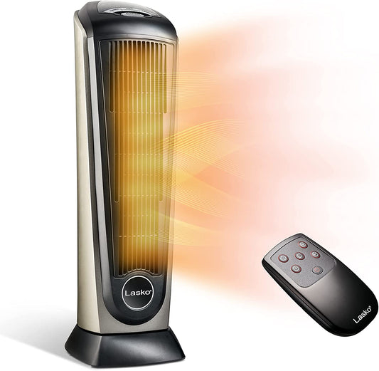 Oscillating Ceramic Tower Space Heater for Home with Adjustable Thermostat, Timer and Remote Control, 22.5 Inches, Grey/Black, 1500W, 751320