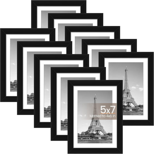 5X7 Picture Frame Set of 10, Display Pictures 4X6 with Mat or 5X7 without Mat, Multi Photo Frames Collage for Wall or Tabletop Display, Black