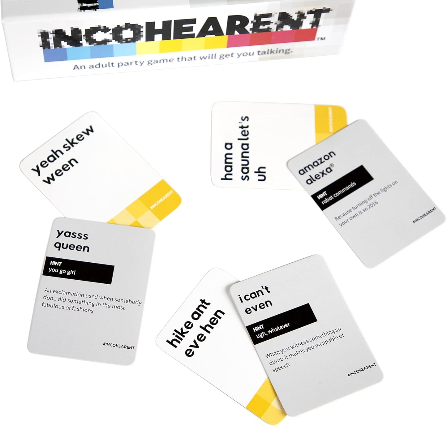 Incohearent, the Guess the Gibberish Party Game by Relatable, a Funny Card Game for Adults, Great for Christmas Party Games and Hanukkah Gifts, Includes 400 Cards, Instructions, and 1 Sand Timer