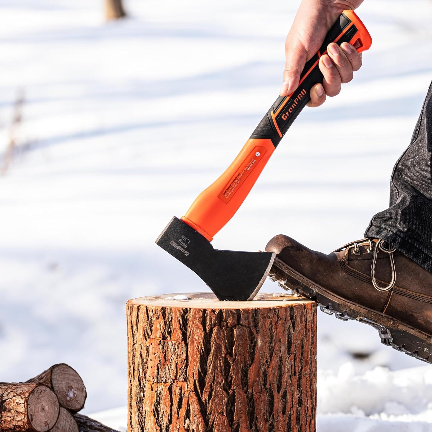 Hatchet Axe with Sheath, 15" Camping Hatchet for Wood Splitting and Kindling, Forged Carbon Steel Heat Treated Chopping Axe Handle with Anti-Slip Grip Orange