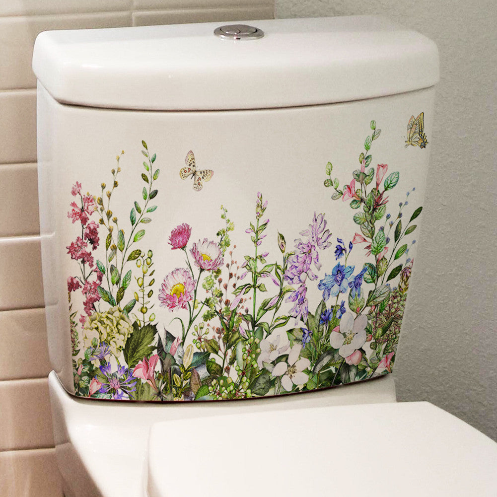 Green Plant Leaves Flowers Toilet Stickers Waterproof Self-Adhesive Toilet Lid Stickers Wall Decals Toilet Cover for Bathroom