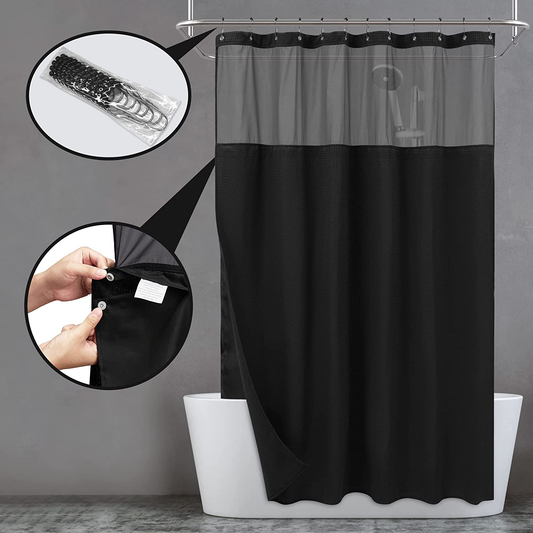 Waffle Weave Shower Curtain with Snap-In Fabric Liner & Hooks Set - Hotel Style, Water-Repellent & Washable, Mesh Top Window - 71X72, Black