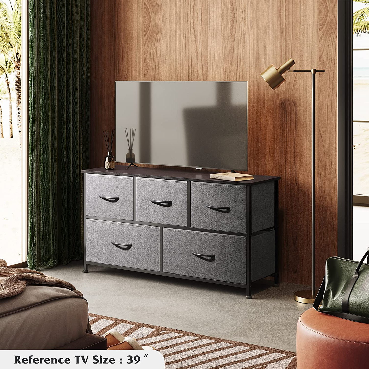 Dresser for Bedroom with 5 Drawers, Wide Chest of Drawers, Fabric Dresser, Storage Organizer Unit with Fabric Bins for Closet, Living Room, Hallway, Nursery, Dark Grey