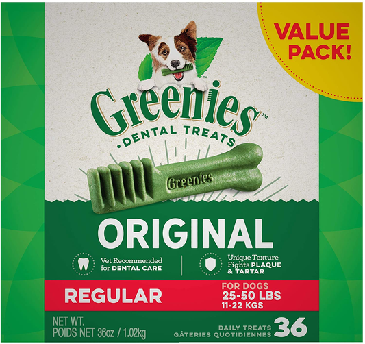 GREENIES Original Regular Natural Dog Dental Care Chews Oral Health Dog Treats, 36 Oz. Pack (36 Treats)