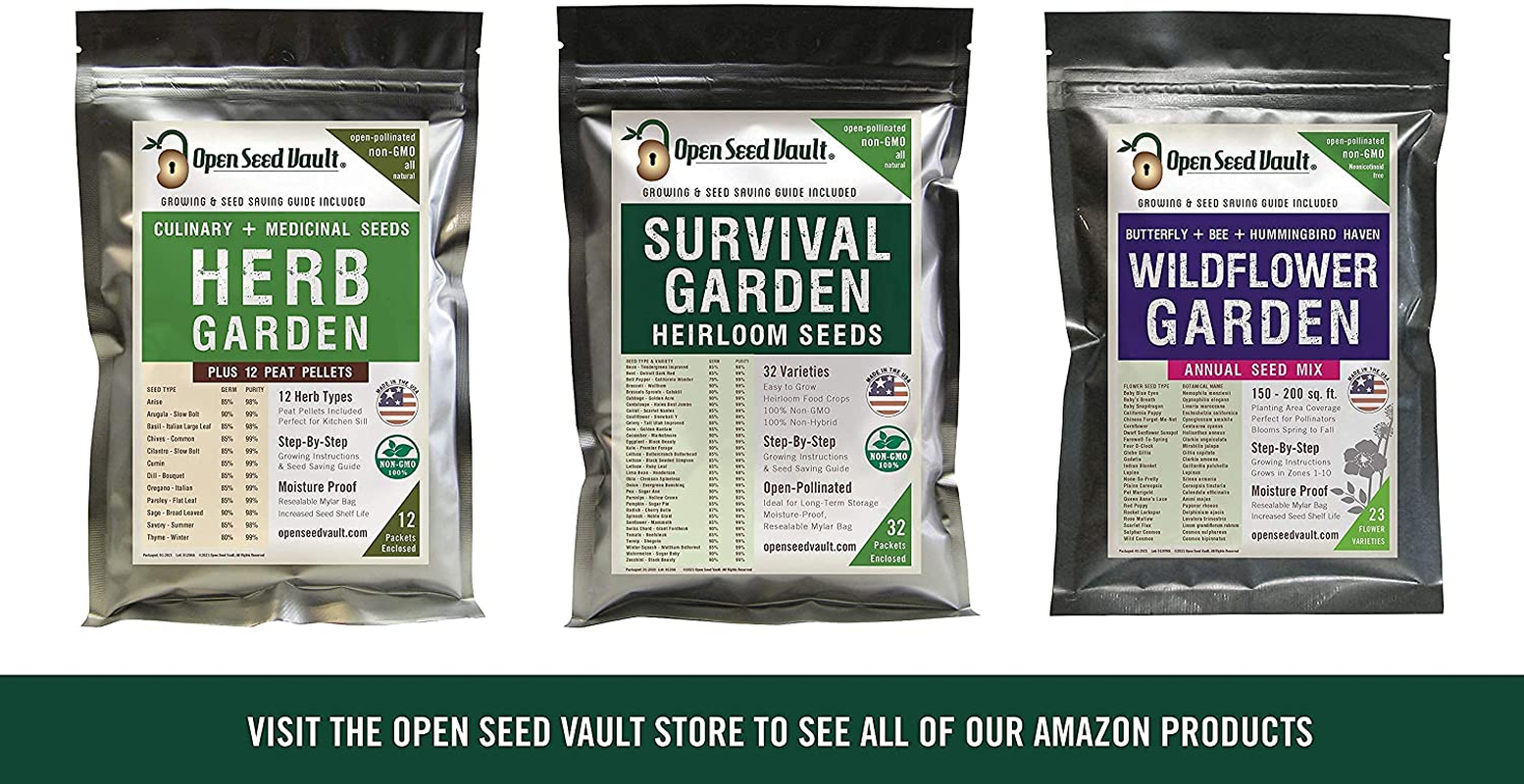 (32) Variety Pack Survival Gear Food Seeds | 15,000 Non GMO Heirloom Seeds for Planting Vegetables and Fruits. Survival Food for Your Survival Kit, Gardening Gifts & Emergency Supplies | Garden Vegetable Seeds. by Open Seed Vault