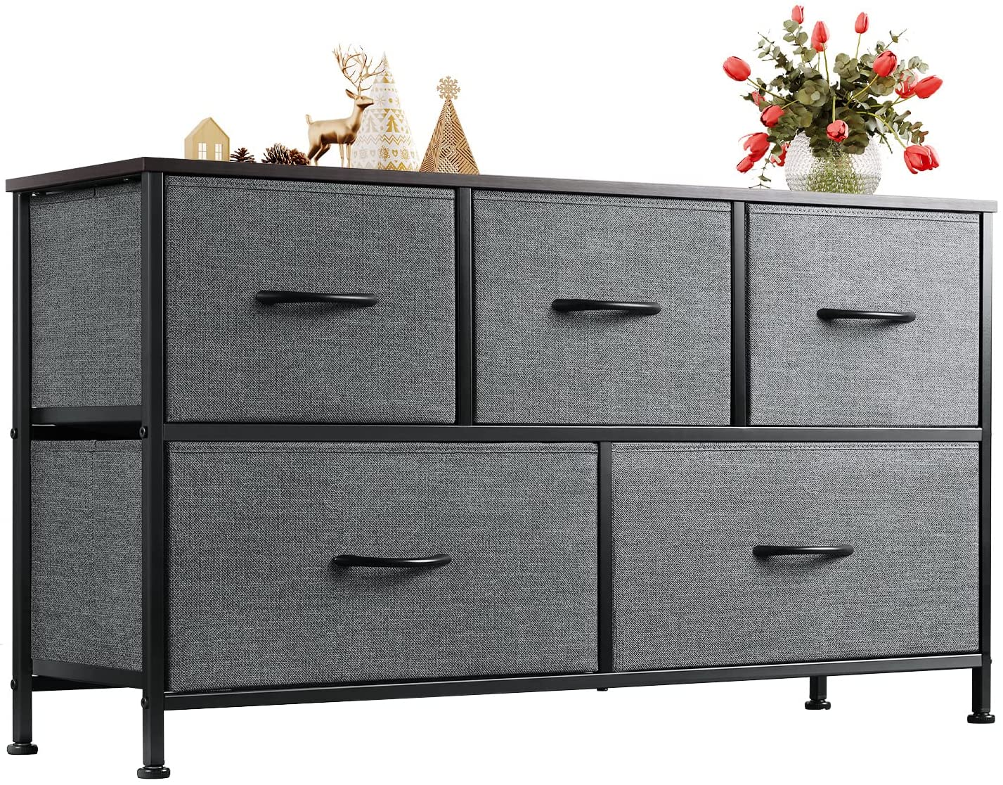 Dresser for Bedroom with 5 Drawers, Wide Chest of Drawers, Fabric Dresser, Storage Organizer Unit with Fabric Bins for Closet, Living Room, Hallway, Nursery, Dark Grey
