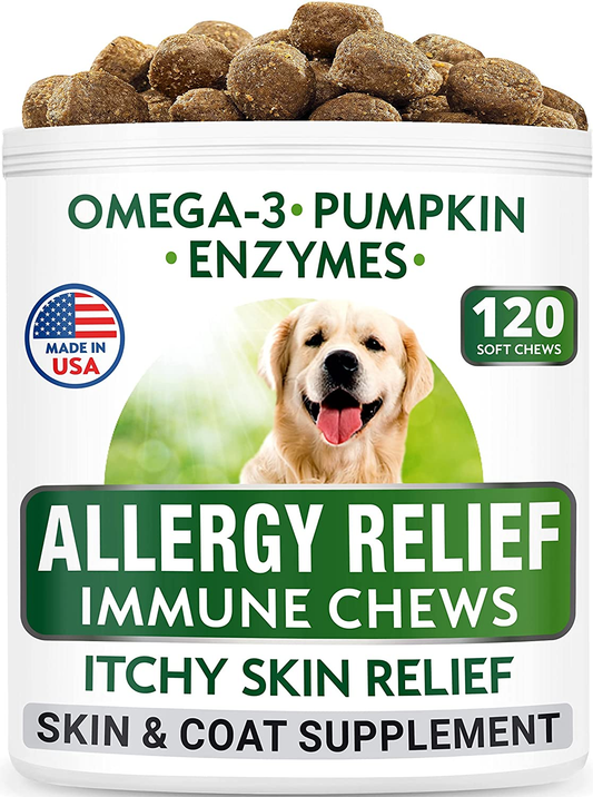Bark&Spark Allergy Relief Dog Treats - Omega 3 + Pumpkin + Enzymes - Itchy Skin Relief - Seasonal Allergies - Anti-Itch & Hot Spots - Immune Supplement - Made in USA