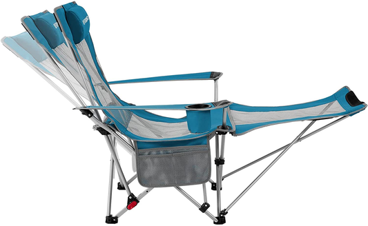 Reclining Lounge Chair with Foot Rest, Portable Mesh Folding Camping Chairs, Adjustable Chaise Lawn Chair with Headrest Cup Holder Storage Bag, for Outdoor Picnics BBQ, Cyan