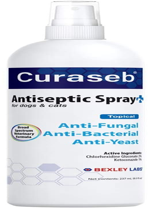 BEXLEY LABS Curaseb Medicated Chlorhexidine Spray for Dogs & Cats, Relieves Skin Infections, Hot Spots, Paw Licking, Allergies and Acne, with Soothing Aloe Vera – Veterinary Strength