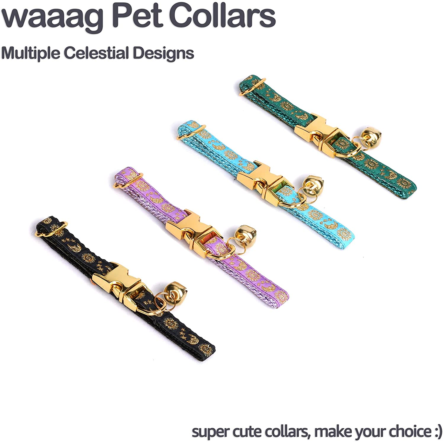Waaag Pet, Moons Stars Suns Dog Collar Cat Collar, Multiple Designs Crescent Celestial Dog Cat Collar Leash Harness