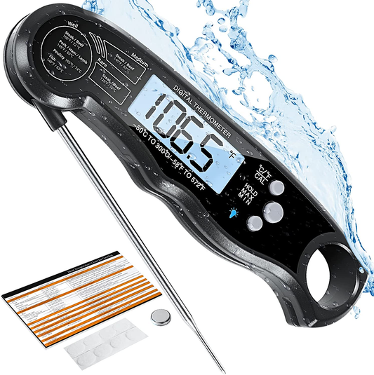 Instant Read Meat Thermometer for Cooking, Fast & Precise Digital Food Thermometer with Backlight, Magnet, Calibration, and Foldable Probe for Deep Fry, BBQ, Grill, and Roast Turkey… (Black - Black)