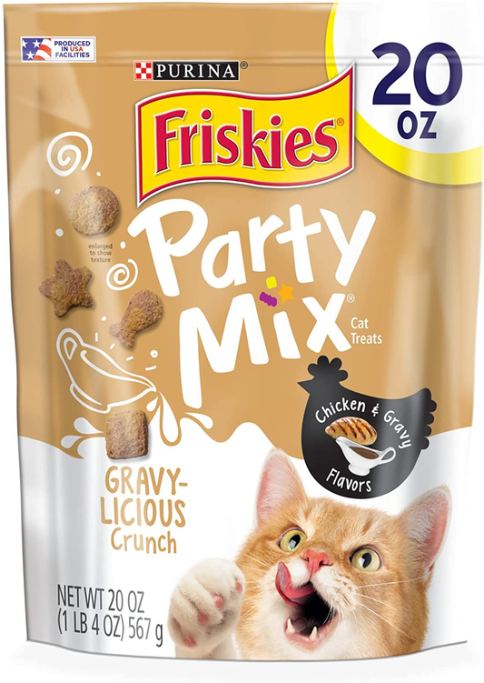 Purina Friskies Made in USA Facilities Cat Treats, Party Mix Crunch Gravylicious Chicken & Gravy Flavors - 20 Oz. Pouch