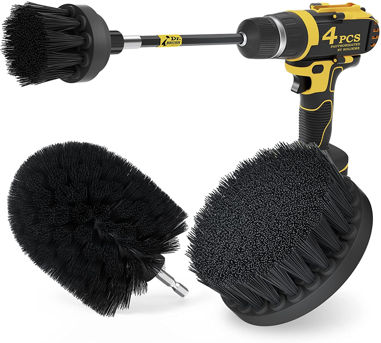 4Pack Drill Brush Power Scrubber Cleaning Brush Extended Long Attachment Set All Purpose Drill Scrub Brushes Kit for Grout, Floor, Tub, Shower, Tile, Bathroom and Kitchen Surface Black