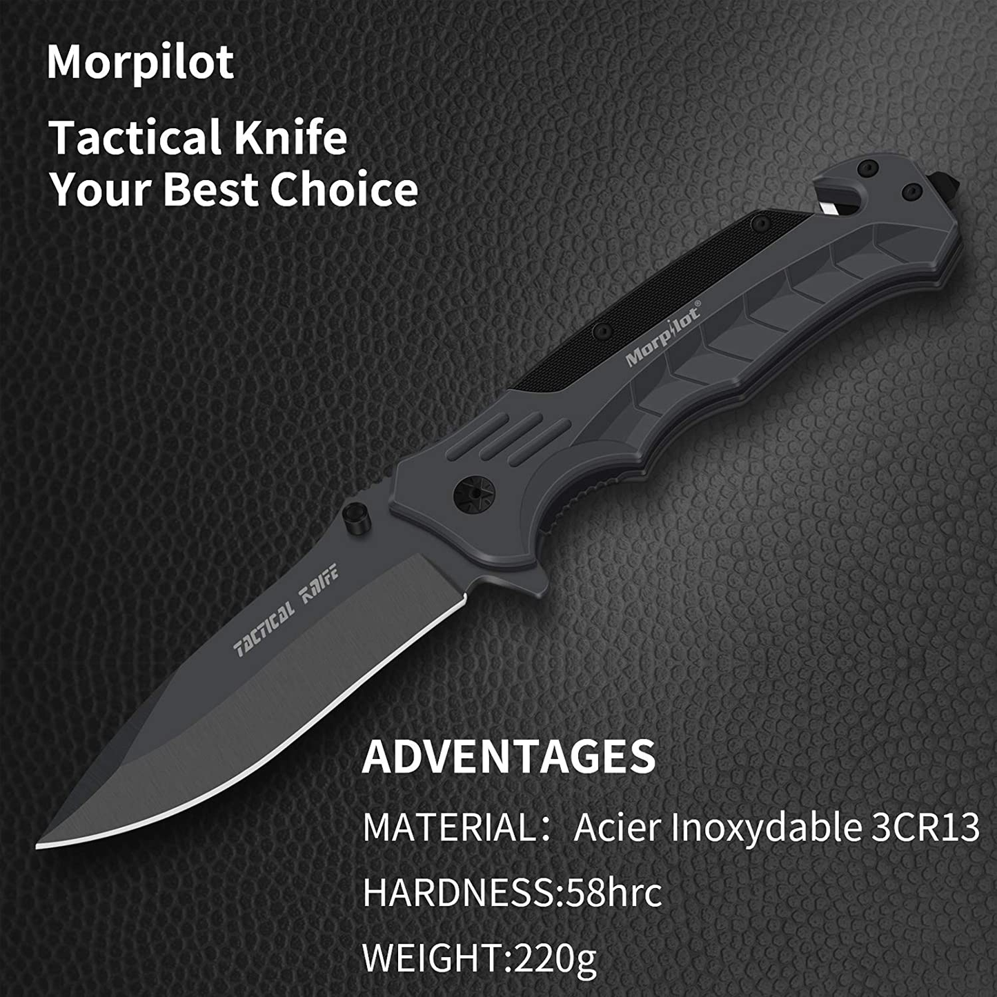 Morpilot Pocket Knife 4 in 1 Folding Knife with Glass Breaker and Cutter Belt, 58HRC Stainless Steel, Quick Release Button Ergonomic Handle Suitable for Camping Picnic Hunting Emergencies Man'S Gift