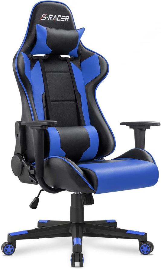 Gaming Chair Office Chair High Back Computer Chair Leather Desk Chair Racing Executive Ergonomic Adjustable Swivel Task Chair with Headrest and Lumbar Support (Blue)