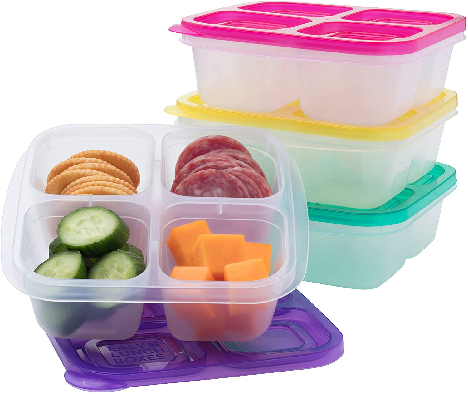 ® - Bento Snack Boxes - Reusable 4-Compartment Food Containers for School, Work and Travel, Set of 4, Brights