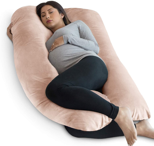 Pharmedoc Pregnancy Pillow, U-Shape Full Body Pillow and Maternity Support - Velvet Champagne Pink Cover - Support for Back, Hips, Legs, Belly for Pregnant Women