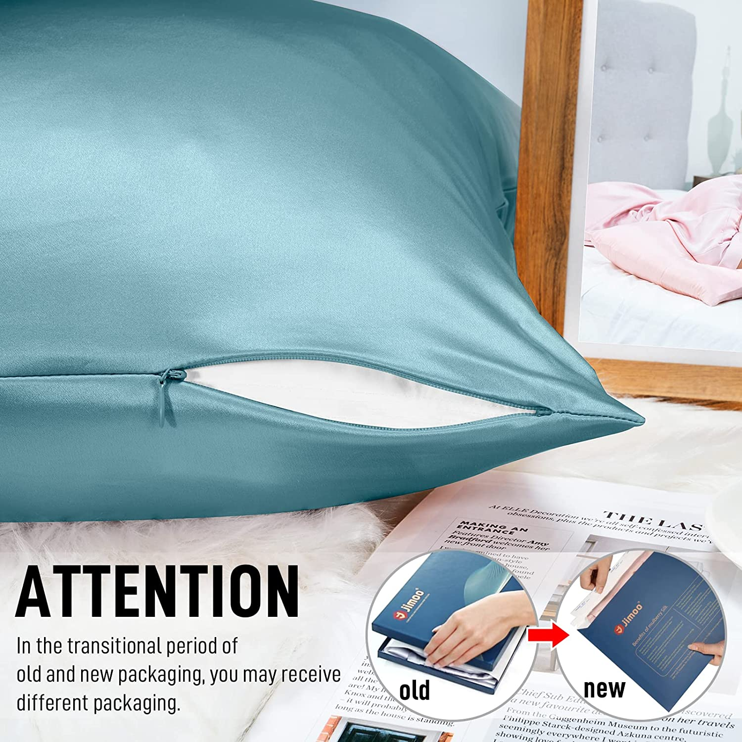 Natural Silk Pillowcase for Hair and Skin with Hidden Zipper, 22 Momme, 600 Thread Count 100% Mulberry Silk Pillowcase, Soft Smooth Both Sided Silk Pillow Cover(Airy Blue, Standard 20''×26'',1Pc)