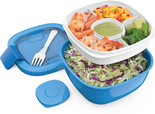 ® Salad - Stackable Lunch Container with Large 54-Oz Salad Bowl, 4-Compartment Bento-Style Tray for Toppings, 3-Oz Sauce Container for Dressings, Built-In Reusable Fork & Bpa-Free (Blue)