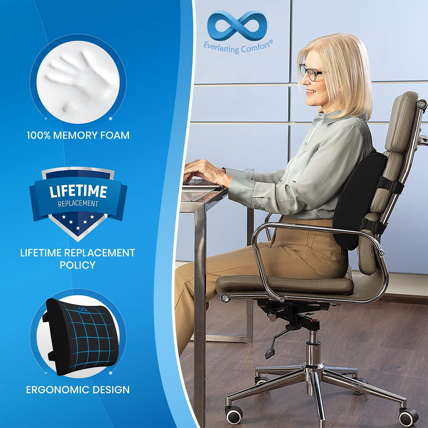  Lumbar Support Pillow for Office Chair Back - Improve Posture While Sitting - Memory Foam Cushion Design for Computer Desk, Car, Gaming, Couch, Recliner