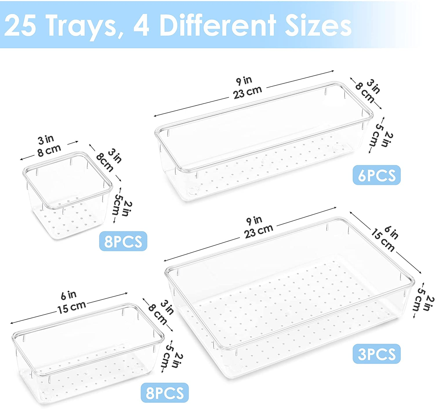 25 PCS Clear Plastic Drawer Organizers Set,  4-Size Versatile Bathroom and Vanity Drawer Organizer Trays, Storage Bins for Makeup, Jewelries, Kitchen Utensils and Office