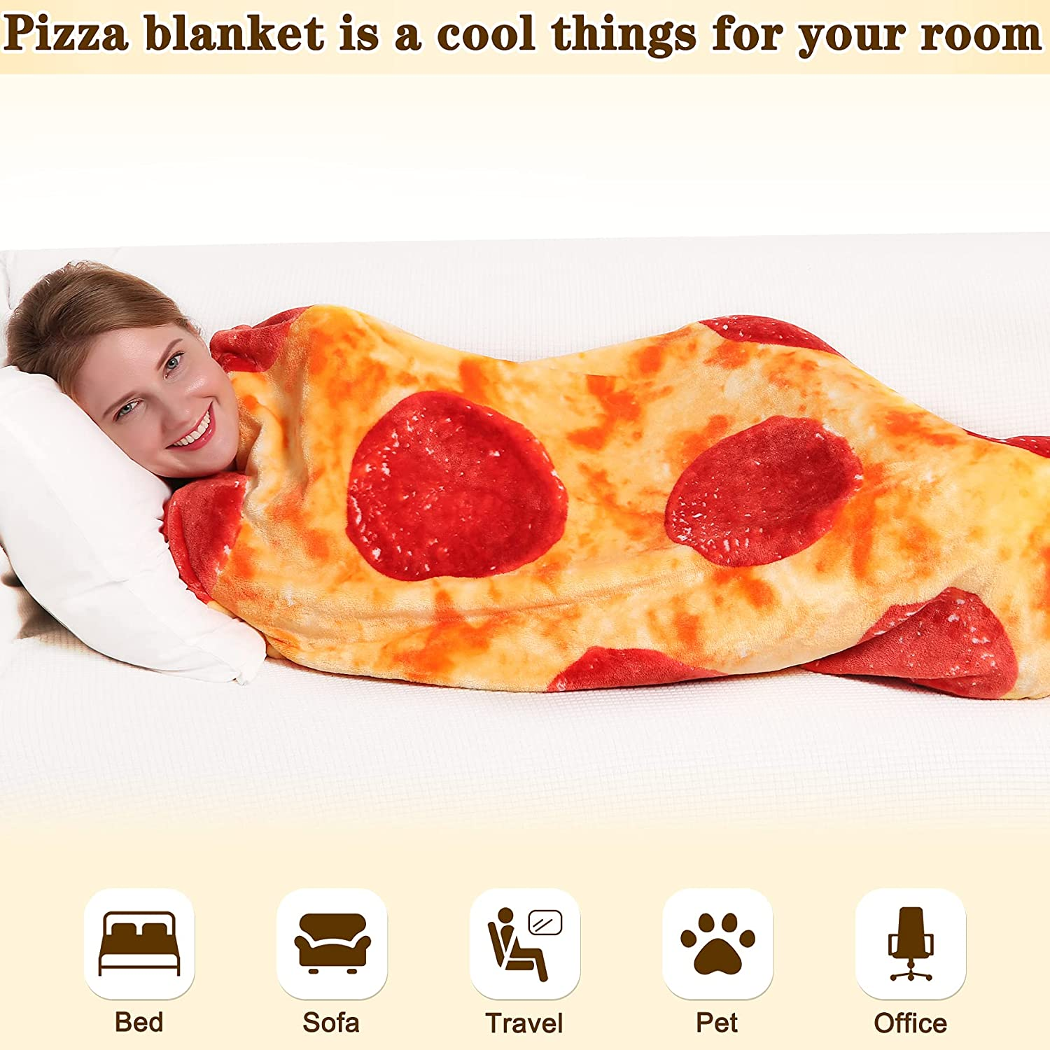 Mermaker Pepperoni Pizza Blanket 2.0 Double Sided 71 Inch for Adult and Kids, Pizza Blanket Adult Size, Realistic Food Blanket, 285 GSM Soft Pizza Blanket, Funny Gifts for Teenage Boys and Girls