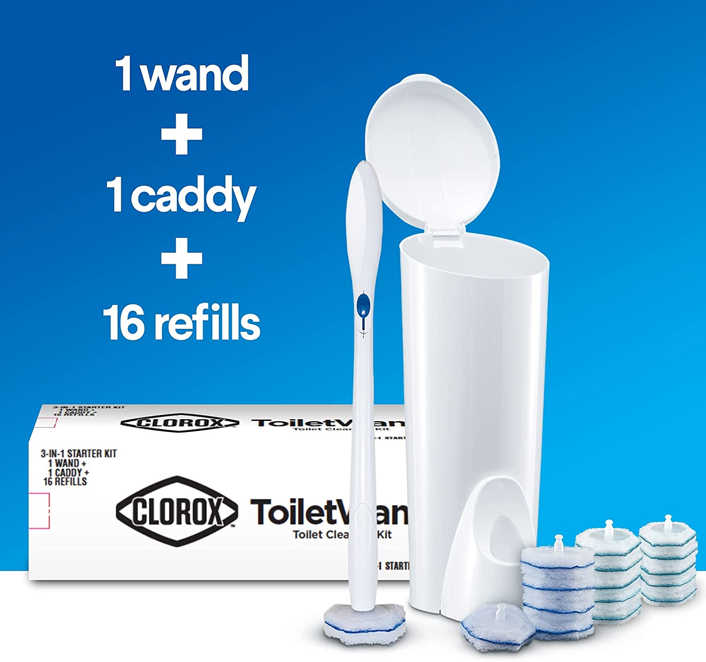 Toiletwand Disposable Toilet Cleaning System - Toiletwand, Storage Caddy and 16 Disinfecting Toiletwand Refill Heads (Package May Vary)