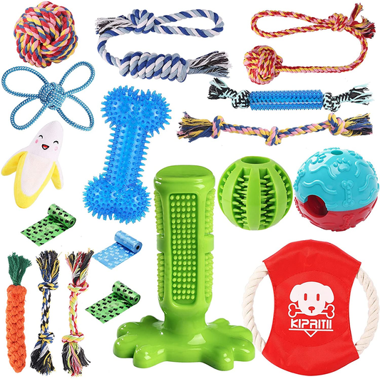 KIPRITII Dog Chew Toys for Puppy - 18 Pack Puppies Teething Chew Toys for Boredom, Pet Dog Toothbrush Chew Toys with Rope Toys, Treat Balls and Dog Squeaky Toy for Puppy and Small Dogs
