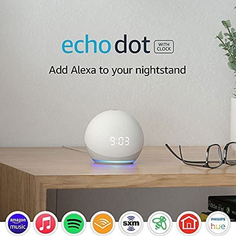 Echo Dot (4Th Gen) with Clock | Smart Bedside Speaker with Bluetooth and Alexa | Glacier White