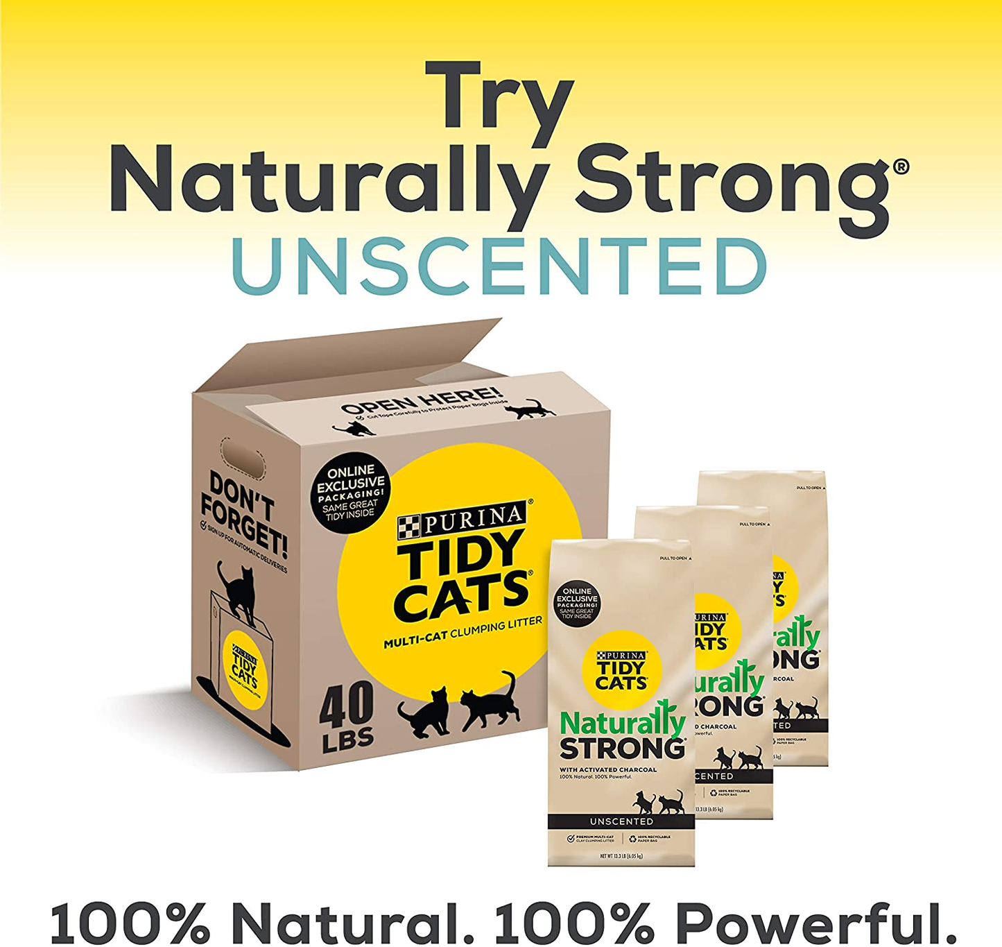 Tidy Cats Unscented Cat Litter, Free & Clean Clumping Clay Cat Litter, Recyclable Box - (3) 13.33 Lb. Bags