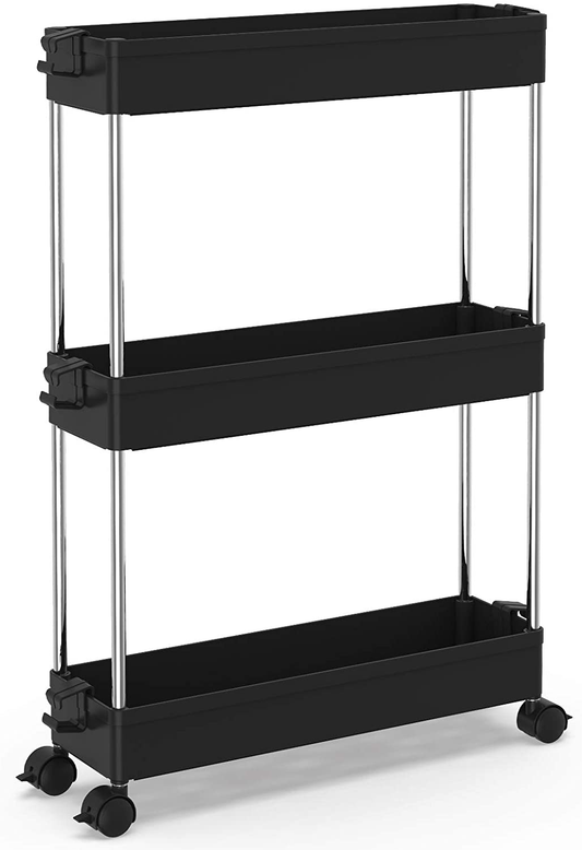Slim Storage Cart 3 Tier Mobile Shelving Unit Organizer Slide Out Storage Rolling Utility Cart Tower Rack for Kitchen Bathroom Laundry Narrow Places, Plastic & Stainless Steel, Black