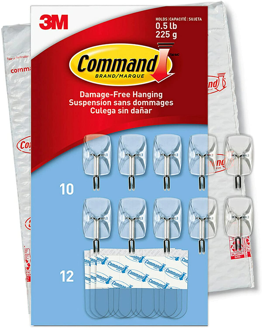 Small Clear Wire Hooks, 10 Hooks, 12 Strips - Easy to Open Packaging, Organize Damage-Free