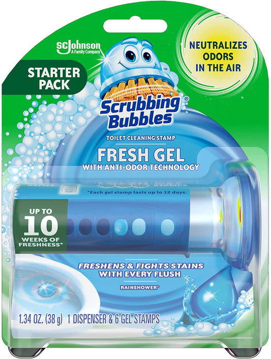 Toilet Bowl Cleaning Gel Starter Kit, Includes Dispenser and Gel, Glade Rainshower Scent, 6 Stamps