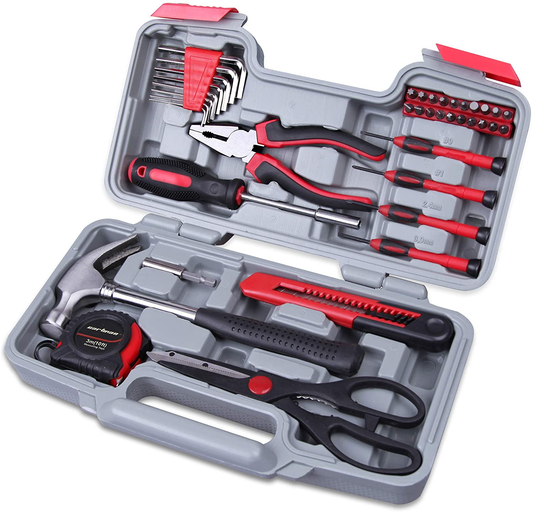 39Piece Tool Set General Household Kit with Plastic Toolbox Storage Case Cutting Plier Red